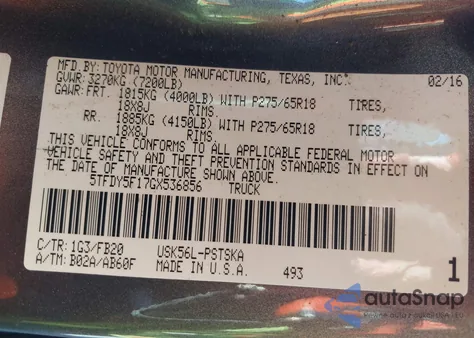 2016 Toyota Tundra Sr5 5.7L V8 из США, поврежденный, VIN 5TFDY5F17GX536856